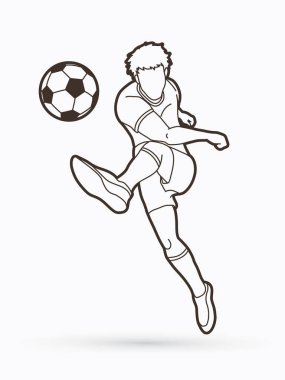 Bir top eylem anahat grafik vektör çekim futbolcu