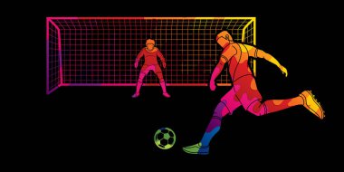 Renkli grafik vektör kullanılarak tasarlanmış kaleci ayakta eylemiyle topu tekmeleme futbolcu.