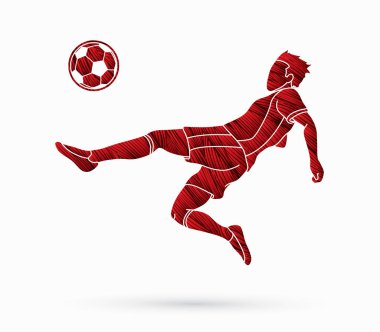 Futbol oyuncu ters takla atarak tekme, grunge fırça grafik vektör kullanılarak tasarlanmış Tepegöz tekme eylemi