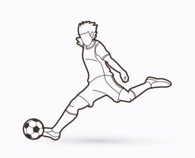 Bir top eylem anahat grafik vektör çekim futbolcu