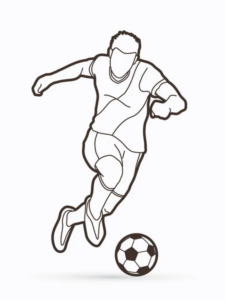 Fußballer Schießen Einen Ball Action Outline Grafik Vektor — Stockvektor