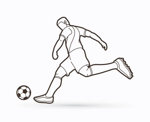Jugador Fútbol Disparando Una Bola Acción Contorno Gráfico Vector — Archivo Imágenes Vectoriales