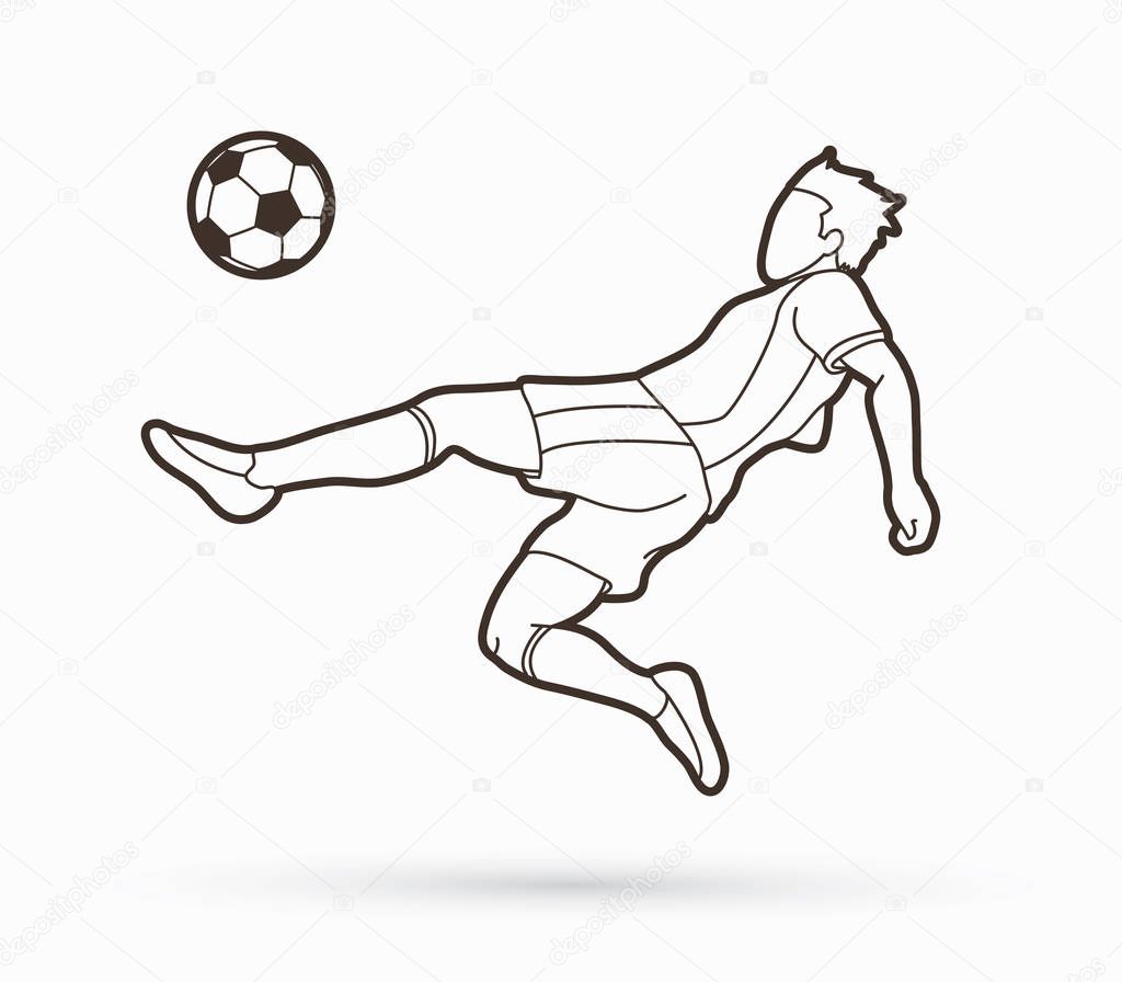 Soccer player somersault kick , overhead kick action outline graphic vector