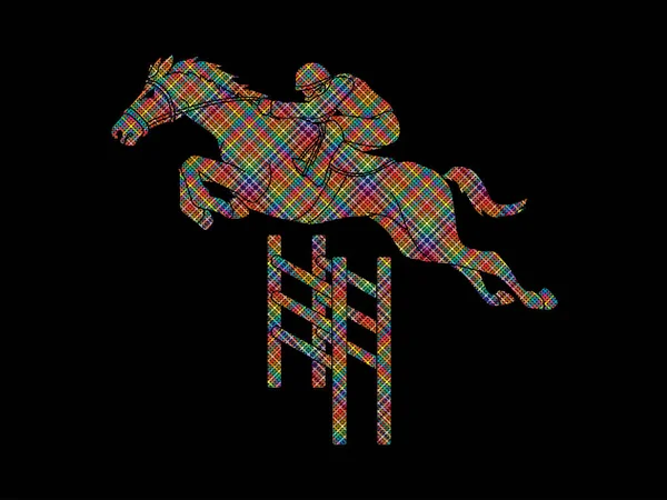 Cavalo Equitação Jóquei Corrida Mangueiras Projetada Usando Pixels Coloridos Vector —  Vetores de Stock