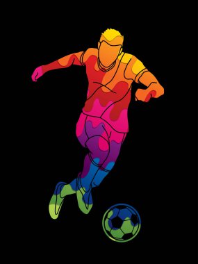 Renkli grafik vektör kullanılarak tasarlanmış bir top eylem çekim futbolcu.