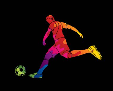 Renkli grafik vektör kullanılarak tasarlanmış bir top eylem çekim futbolcu.