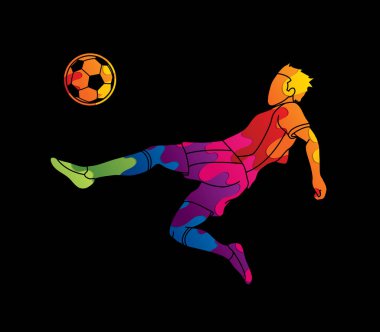 Futbol oyuncu ters takla atarak tekme, renkli grafik vektör kullanılarak tasarlanmış Tepegöz tekme eylemi.