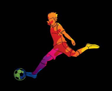 Renkli grafik vektör kullanılarak tasarlanmış bir top eylem çekim futbolcu.