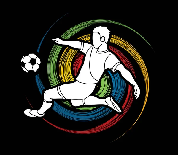 Fußballer Kickt Eine Ballaktion Die Auf Einem Spin Wheel Grafikvektor — Stockvektor
