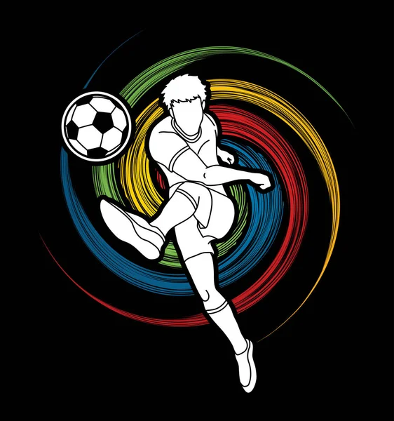 Fußballer Der Eine Ballaktion Auf Einem Spin Wheel Grafikvektor Schießt — Stockvektor