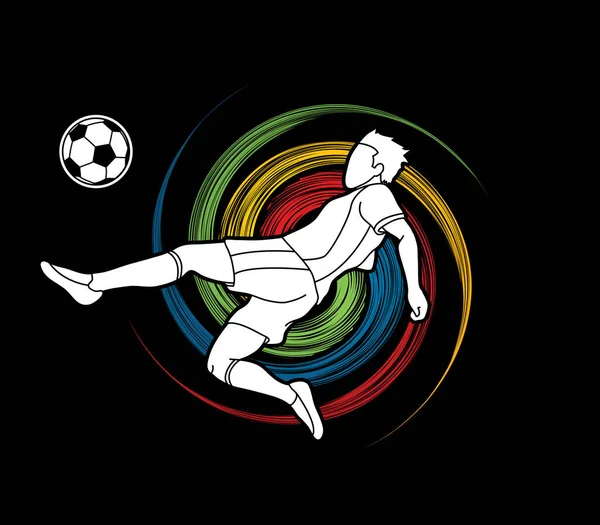 Fußballer Purzelbaum Kick Overhead Kick Aktion Auf Spinnrad Grafik Vektor — Stockvektor