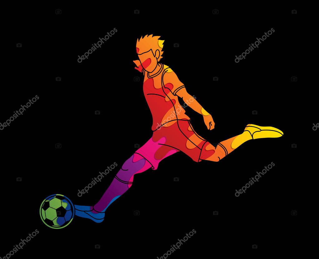 Soccer player shooting a ball action designed using colorful graphic vector.