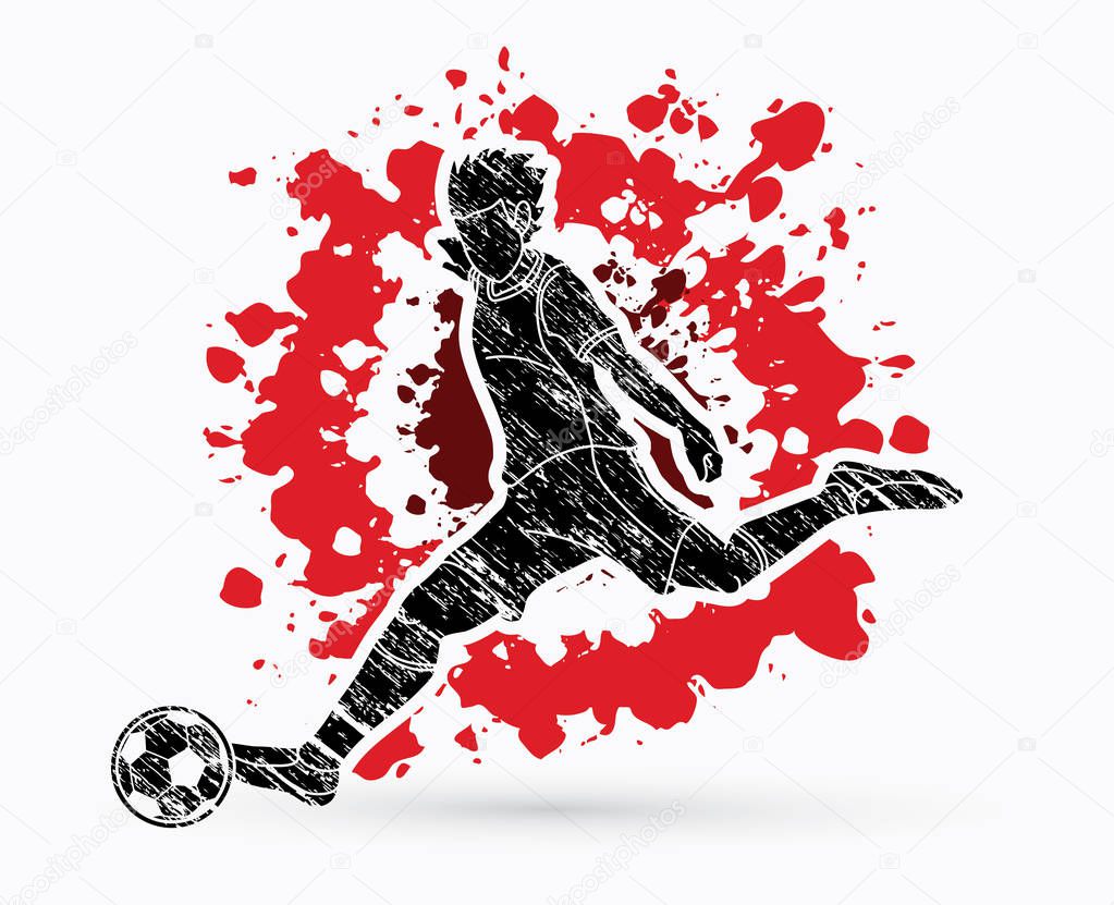 Soccer player shooting a ball action designed on splatter color background graphic vector
