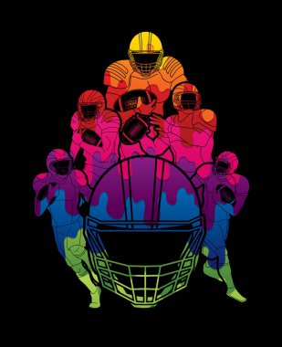Grup Amerikan futbolu oyuncusu, sporcu eylem, renkli grafik vektör kullanılarak tasarlanmış spor kavramı.