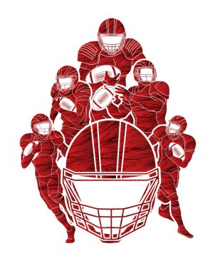 Grup Amerikan futbolu oyuncusu, sporcu eylem, grunge fırça grafik vektör kullanılarak tasarlanmış spor kavramı.