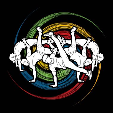 İnsanlar, bir grup insan spin tekerlek arka plan grafik vektör tasarlanmış eylem dans dansçı,.