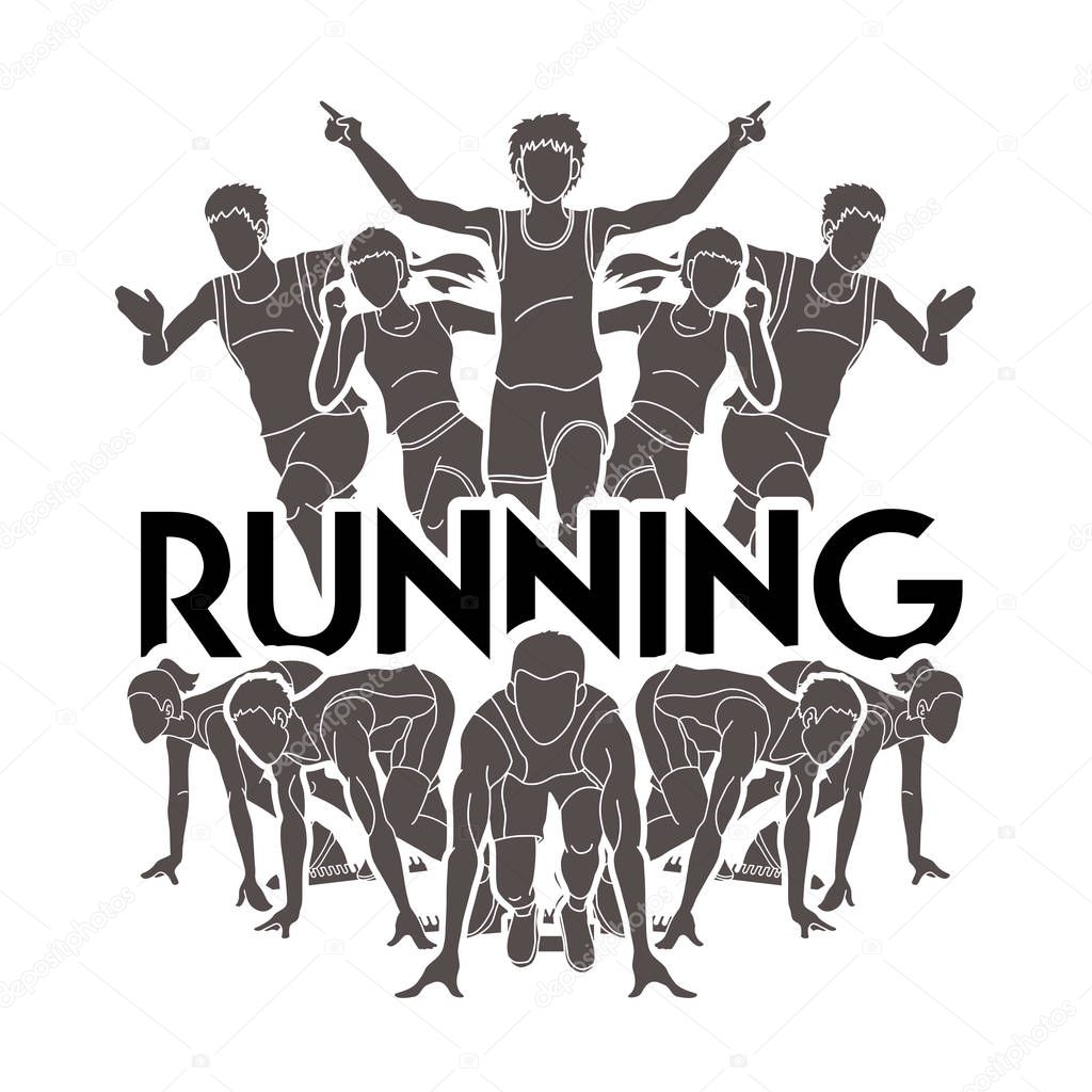 Group of people running with text running Marathon runners graphic vector