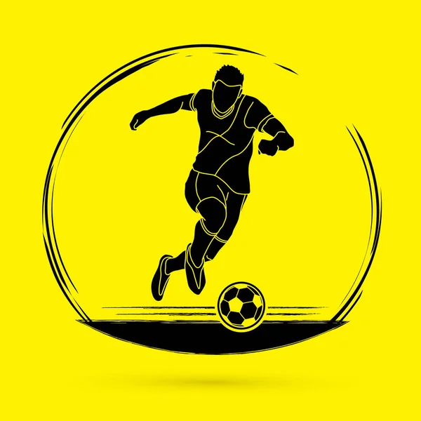 Jugador Fútbol Corriendo Pateando Vector Gráfico Acción Bola — Vector de stock