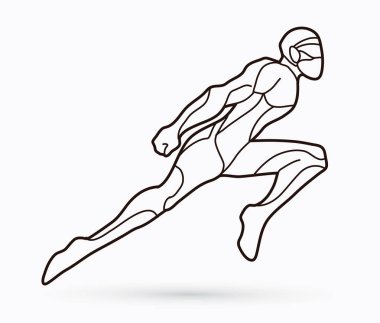 Aksiyon, çizgi film süper kahraman adam grafik vektör atlama uçan süper kahraman.