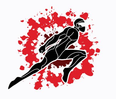 Aksiyon, çizgi film süper kahraman adam grafik vektör atlama uçan süper kahraman.