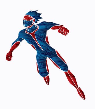 Aksiyon, çizgi film süper kahraman adam grafik vektör atlama uçan süper kahraman.