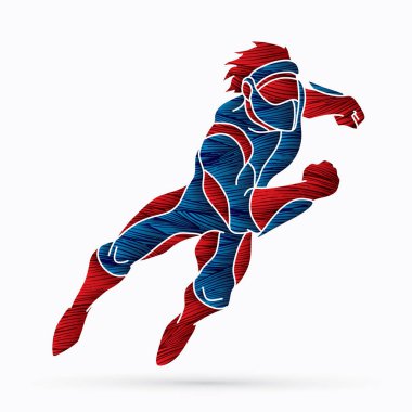 Aksiyon, çizgi film süper kahraman grafik vektör çalışan süper kahraman.