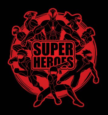 Grup süper kahraman eylem metin süper kahramanlar grafik vektör ile.