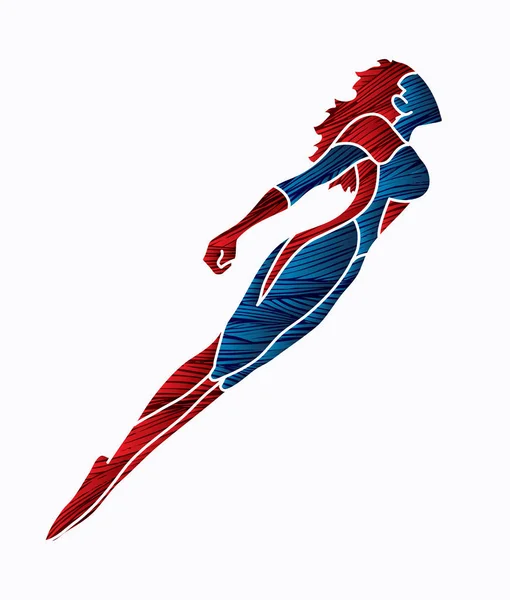 Superhjälte Flygande Åtgärd Tecknad Superhjälte Kvinna Hoppa Grafisk Vector — Stock vektor