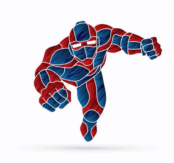 Aksiyon, çizgi film süper kahraman grafik vektör uçan süper kahraman Robot.