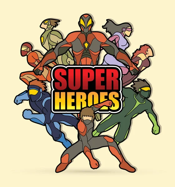 Grupo Super Héroes Acción Con Texto Super Héroes Vector Gráfico — Vector de stock