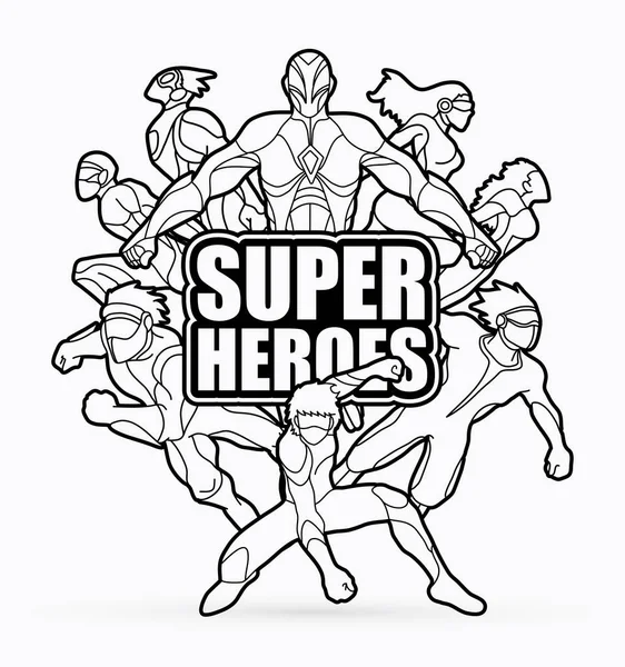 Groep Van Super Heroes Actie Met Tekst Superhelden Grafische Vector — Stockvector