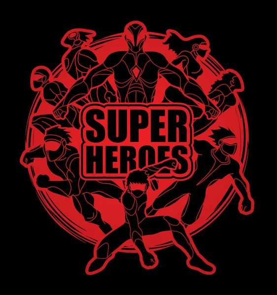 Grup süper kahraman eylem metin süper kahramanlar grafik vektör ile.