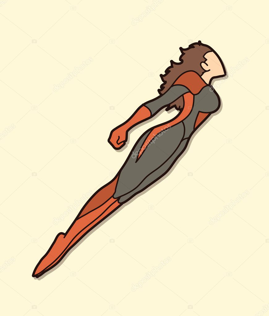 Superhero flying action, Cartoon superhero woman jumping graphic vector.