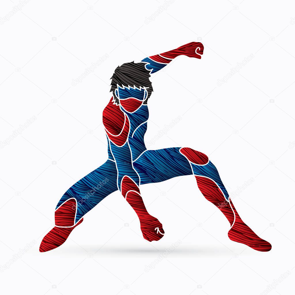 Superhero landing action, Cartoon superhero man graphic vector.