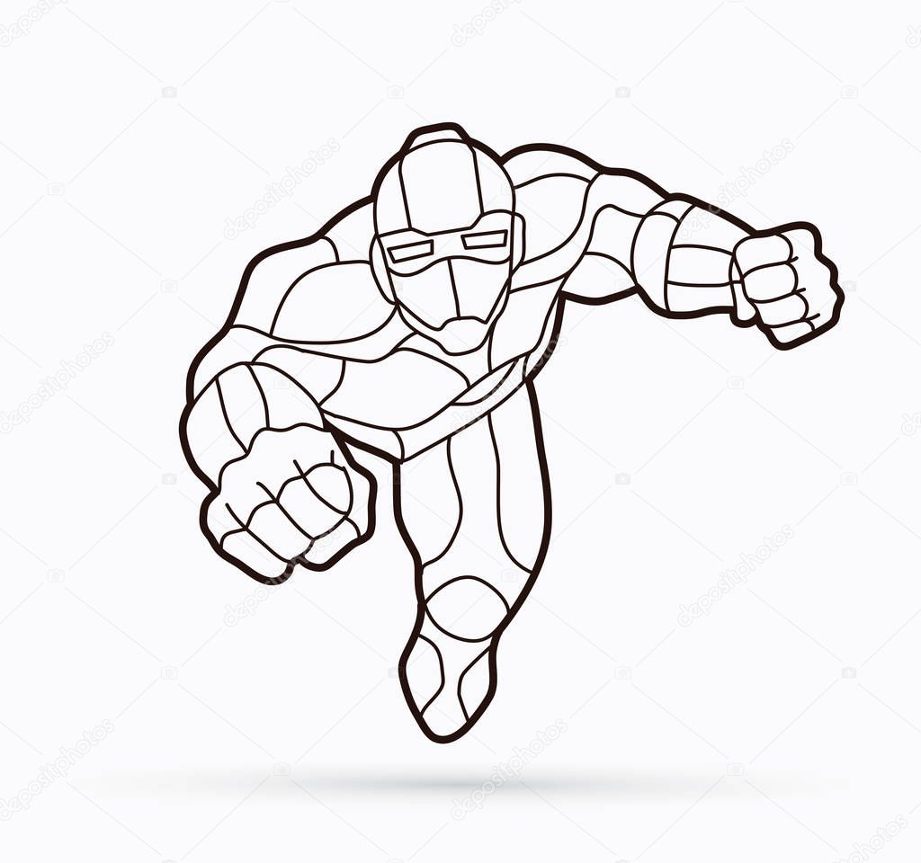 Superhero Robot flying action, Cartoon superhero graphic vector.
