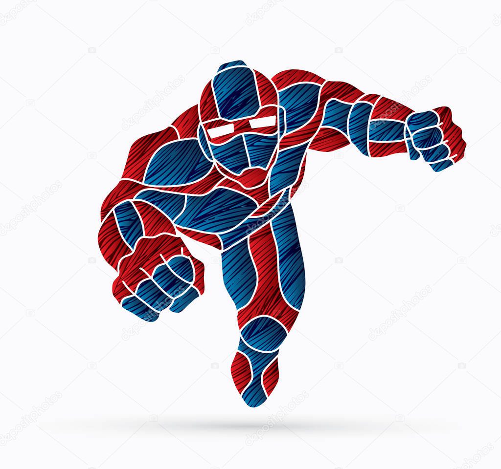 Superhero Robot flying action, Cartoon superhero graphic vector.