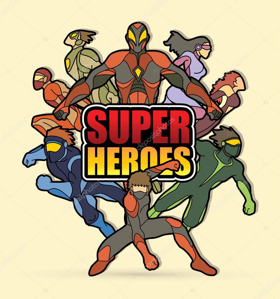 Group of Super Heroes action with text super heroes graphic vector