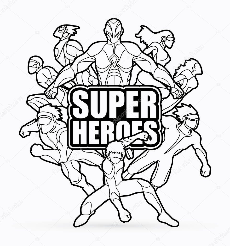 Group of Super Heroes action with text super heroes graphic vector