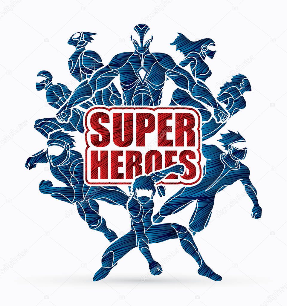 Group of Super Heroes action with text super heroes graphic vector