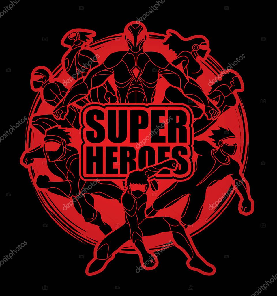 Group of Super Heroes action with text super heroes graphic vector.