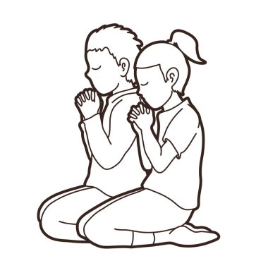 Erkek ve kız birlikte dua, Hıristiyan dua eden çocuk dua Tanrı karikatür grafik vektör ile dua