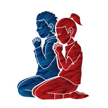 Erkek ve kız birlikte dua, Hıristiyan dua eden çocuk dua Tanrı karikatür grafik vektör ile dua