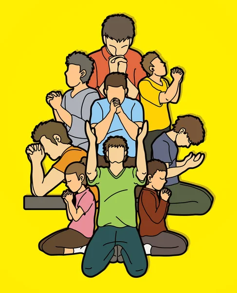 Group Prayer Christian Praying Together Cartoon Graphic Vector — Stock Vector