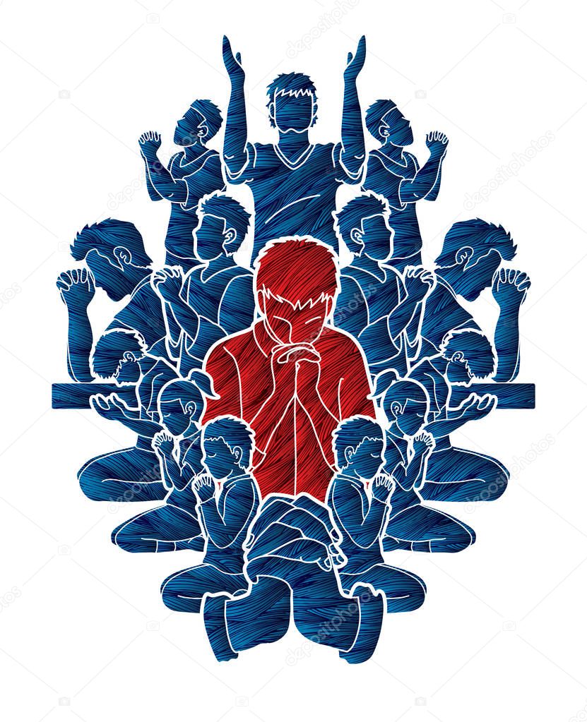 Group of Prayer, Christian praying together cartoon graphic vector