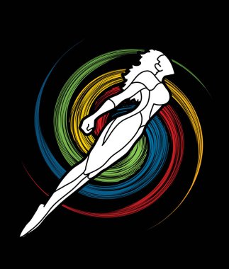 Aksiyon, çizgi film süper kahraman kadın grafik vektör atlama uçan süper kahraman.