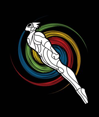 Aksiyon, çizgi film süper kahraman adam grafik vektör atlama uçan süper kahraman.