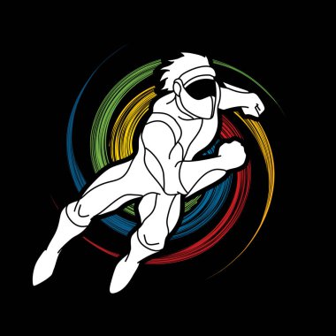 Aksiyon, çizgi film süper kahraman adam grafik vektör atlama uçan süper kahraman.