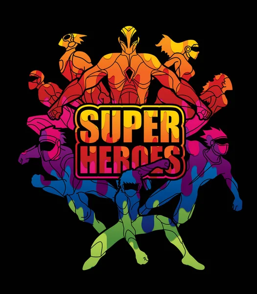 Grupo Super Héroes Acción Con Texto Super Héroes Vector Gráfico — Vector de stock