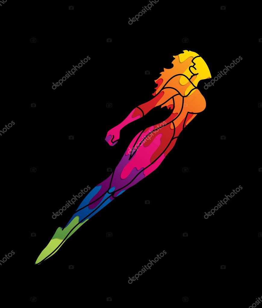Superhero flying action, Cartoon superhero woman jumping graphic vector.