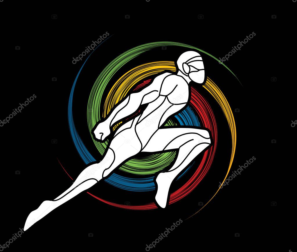 Superhero flying action, Cartoon superhero Ninja jumping graphic vector.